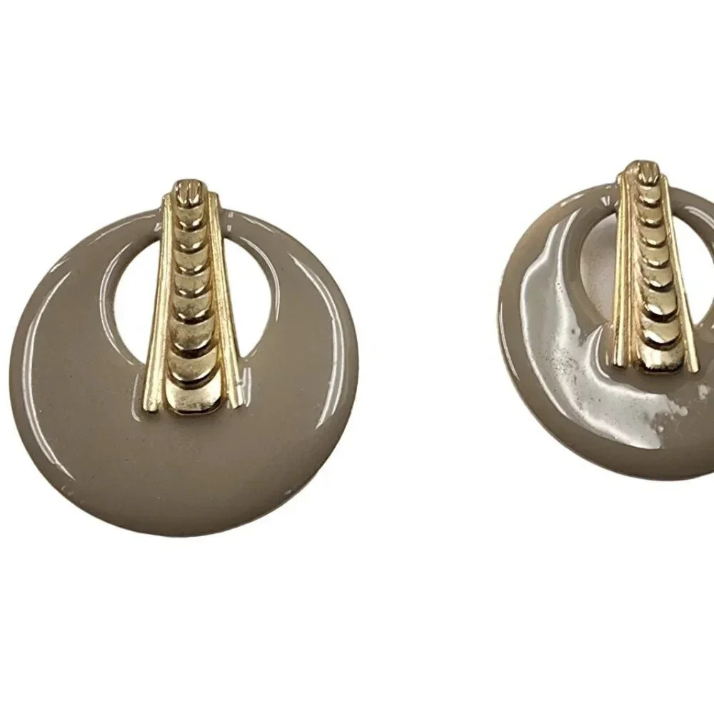 Vintage 60s-70s Circle Hoop Enameled Earrings Gold Tone